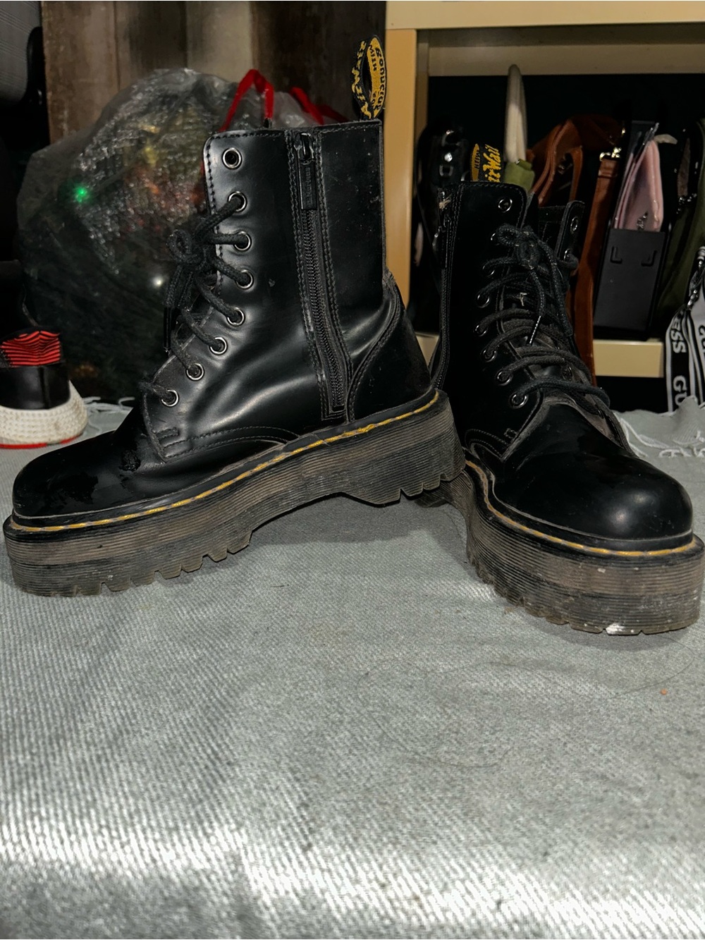 Dr. Martens Black Platform Lace-Up Combat Boots with Yellow Stitching goth boots